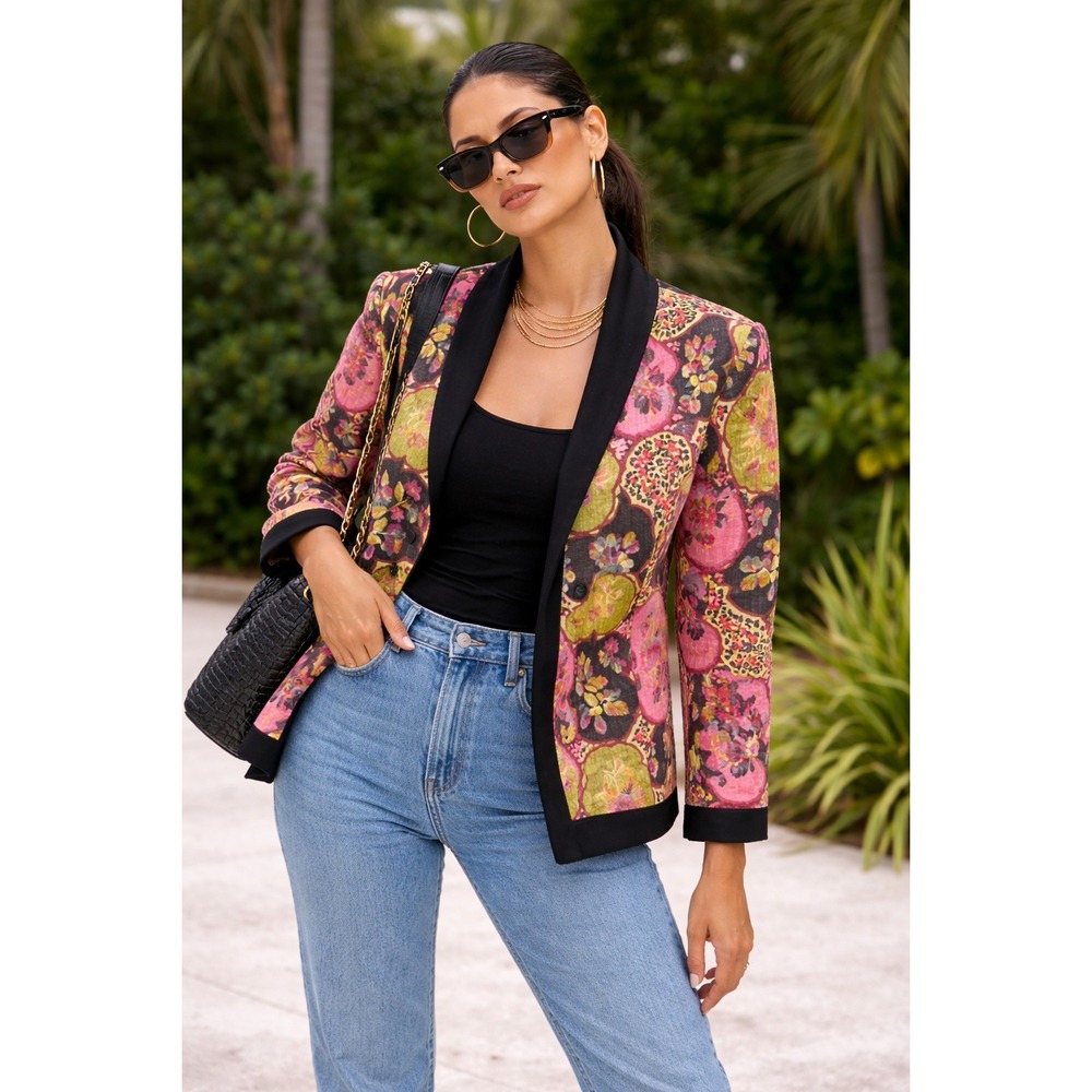 Canvasbacks Womens Floral Tapestry Blazer Pink Green Shawl Collar Jacket Small